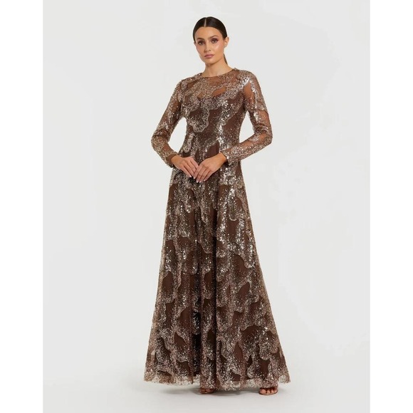 Mac Duggal Brown Embellished Long Sleeve High Neck Evening Gown $698 - Size 12 - Picture 4 of 14